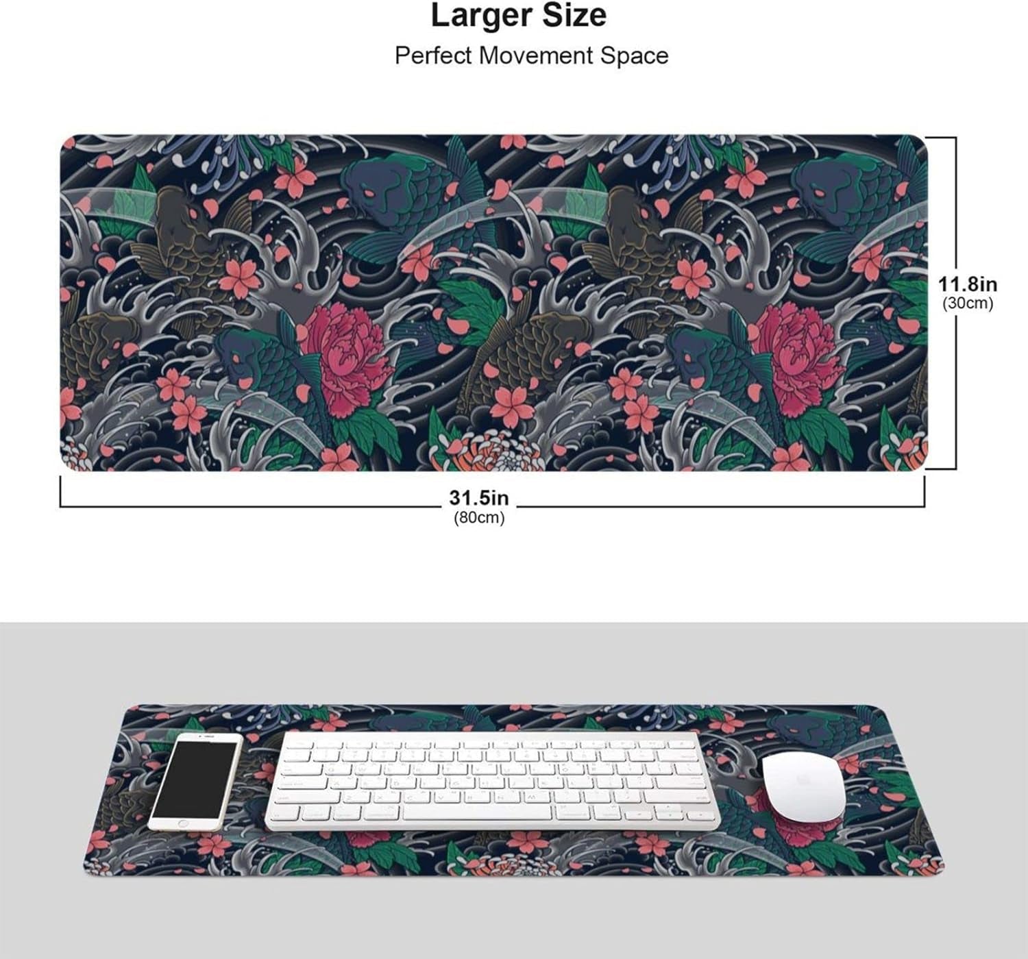 Japanese Wave and Koi Gaming Mouse Pad XL, Extended Large Full Desk Mousepad 31.5 X 11.8 Inch, Big Mouse Pad with Stitched Edge, Non-Slip Long Computer Keyboard Mat for Office & Home by