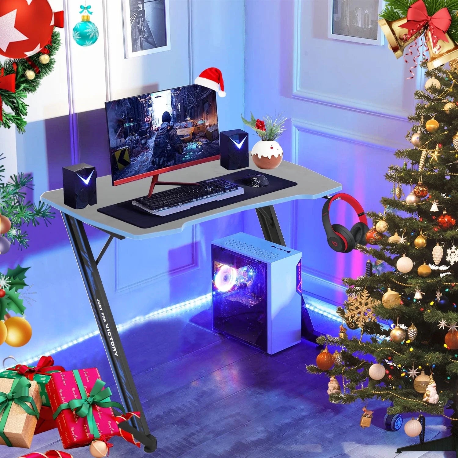 39 Inch Small Gaming Desk, Z Shaped PC Computer Desk Gaming Workstation with Headphone Hook, Ergonomic Gaming Table PC Desk for Game Players, Blue