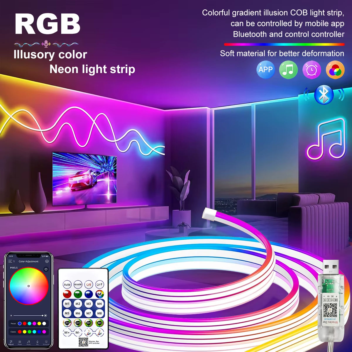 5V LED Strip Lights Bluetooth RGBIC Neon Strip Remote Control with Music Sync DIY Bedroom Home Decoration Changing Ambient Light