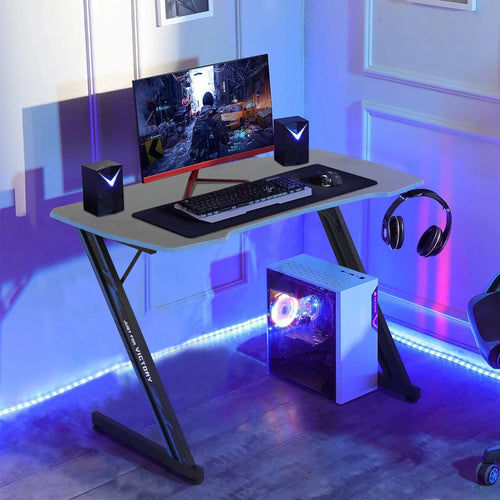 39 Inch Small Gaming Desk, Z Shaped PC Computer Desk Gaming Workstation with Headphone Hook, Ergonomic Gaming Table PC Desk for Game Players, Blue