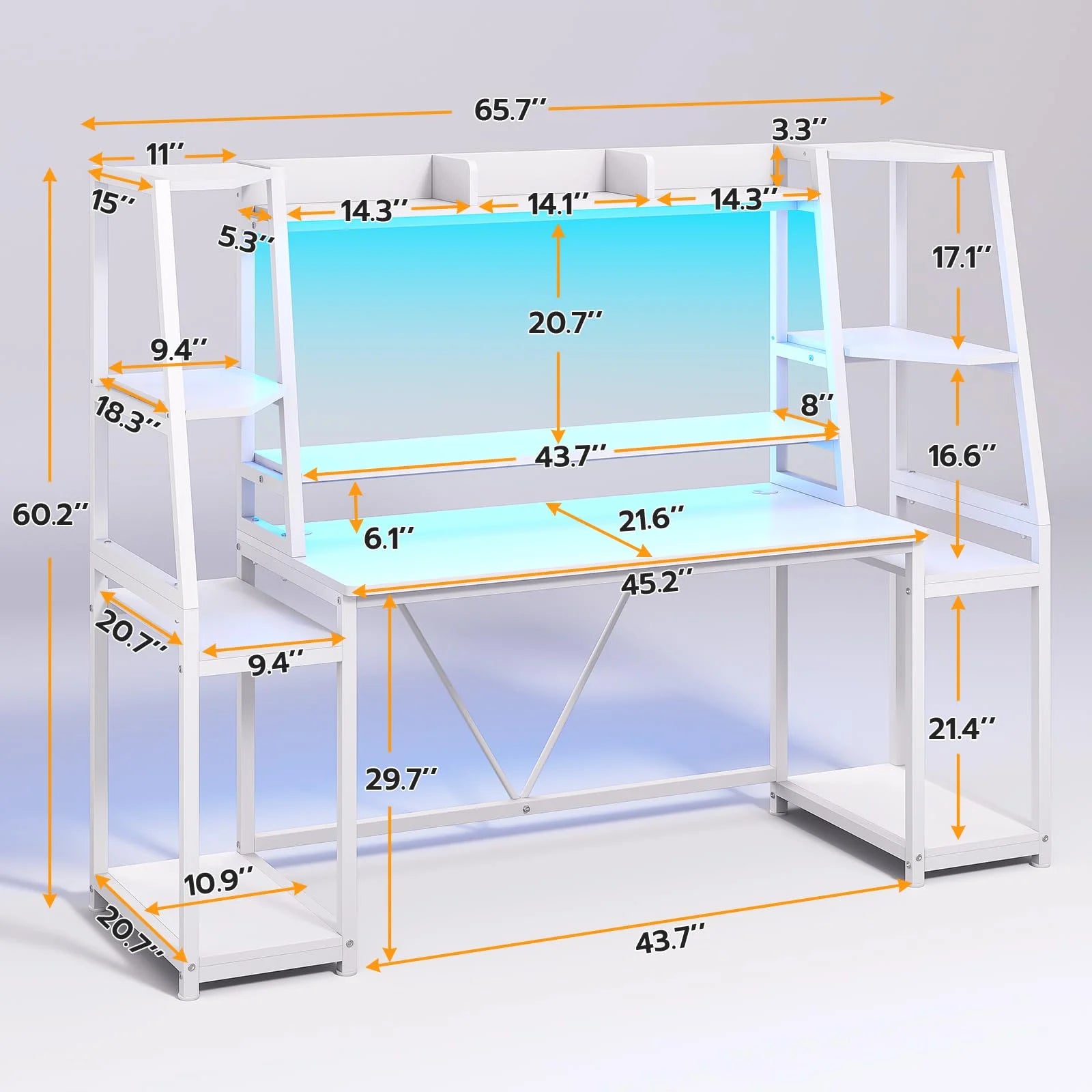 Gaming Desk with LED Lights, 65.7'' Computer Desk with Monitor Stand, White