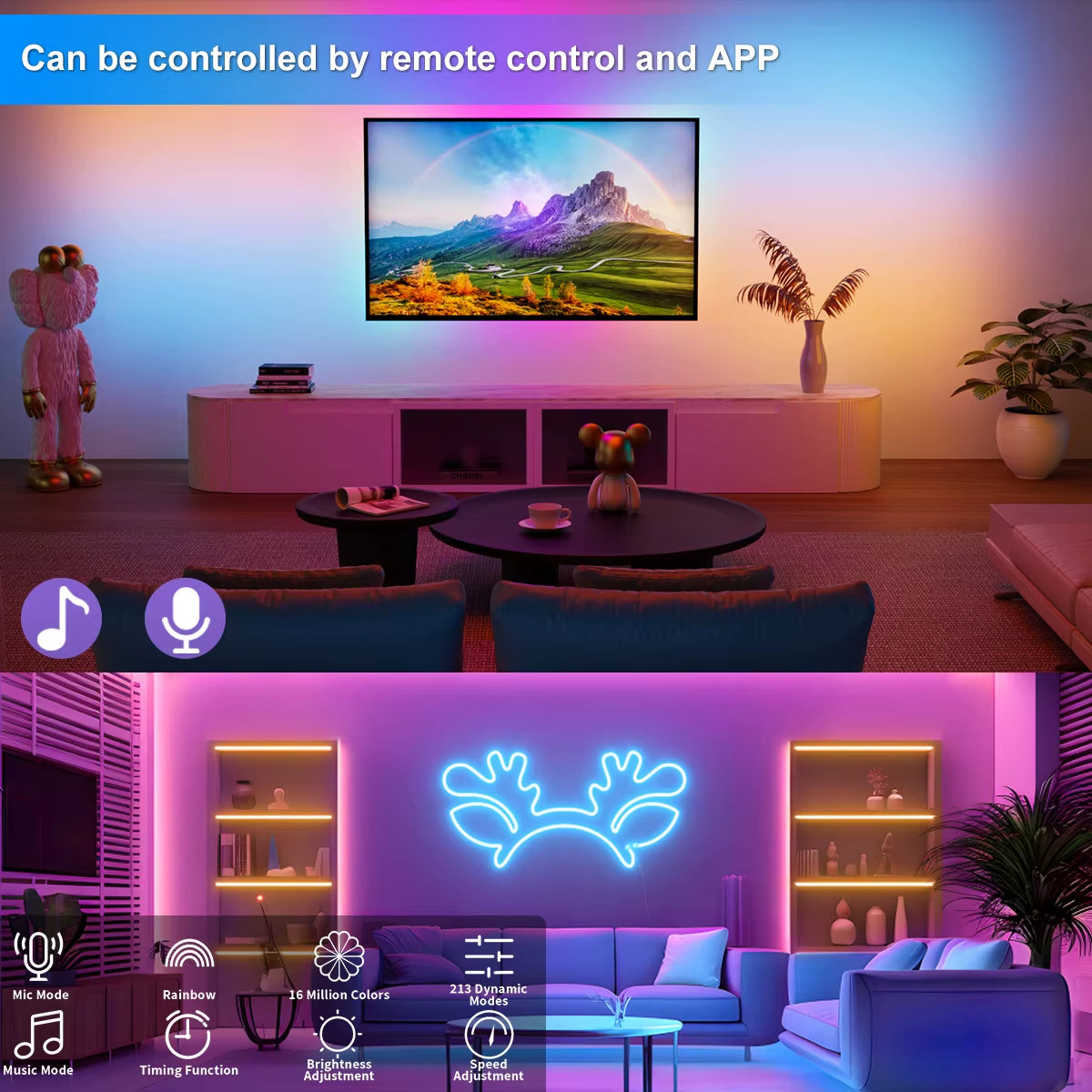 5V LED Strip Lights Bluetooth RGBIC Neon Strip Remote Control with Music Sync DIY Bedroom Home Decoration Changing Ambient Light