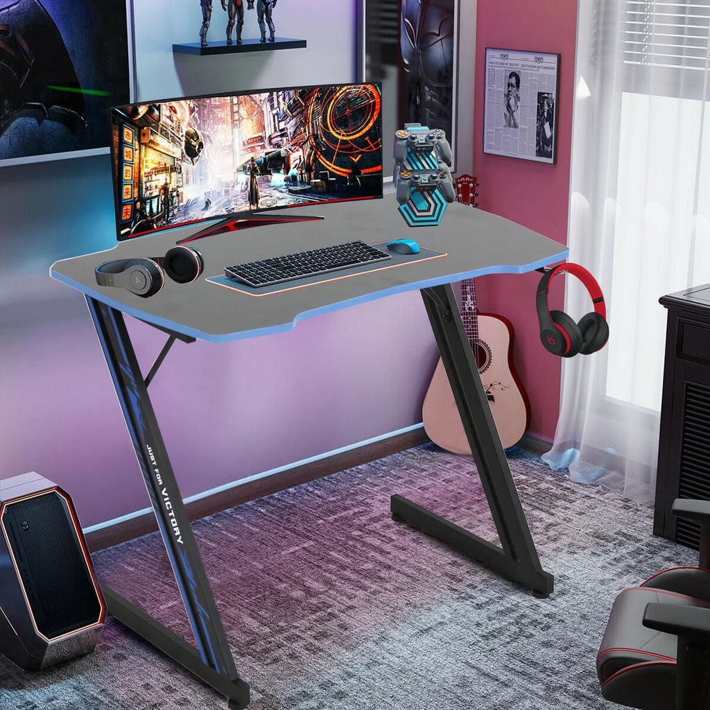 39 Inch Small Gaming Desk, Z Shaped PC Computer Desk Gaming Workstation with Headphone Hook, Ergonomic Gaming Table PC Desk for Game Players, Blue