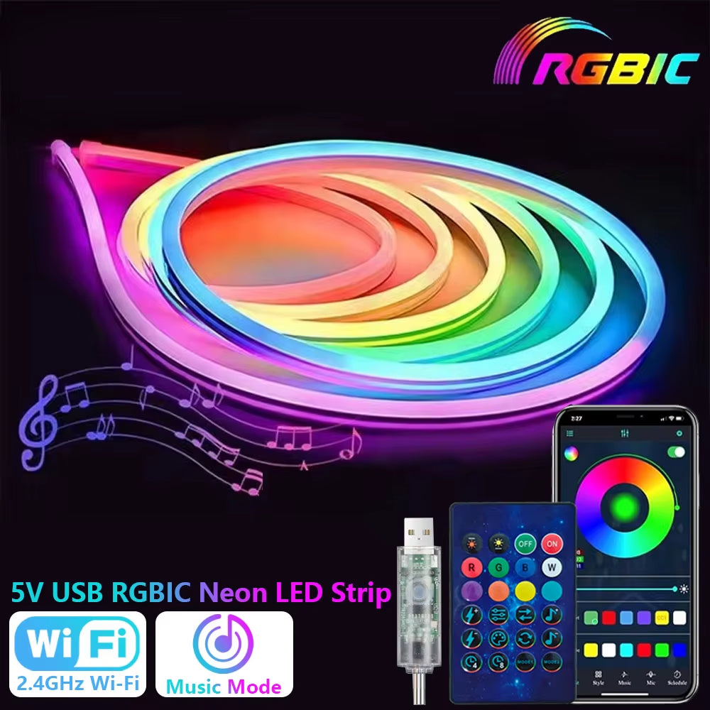 Neon LED Strip Lights 5M/16.4Ft Flexible Neon LED Lights Work with Alexa Google Assistant WIFI RGBIC LED Strip for Home