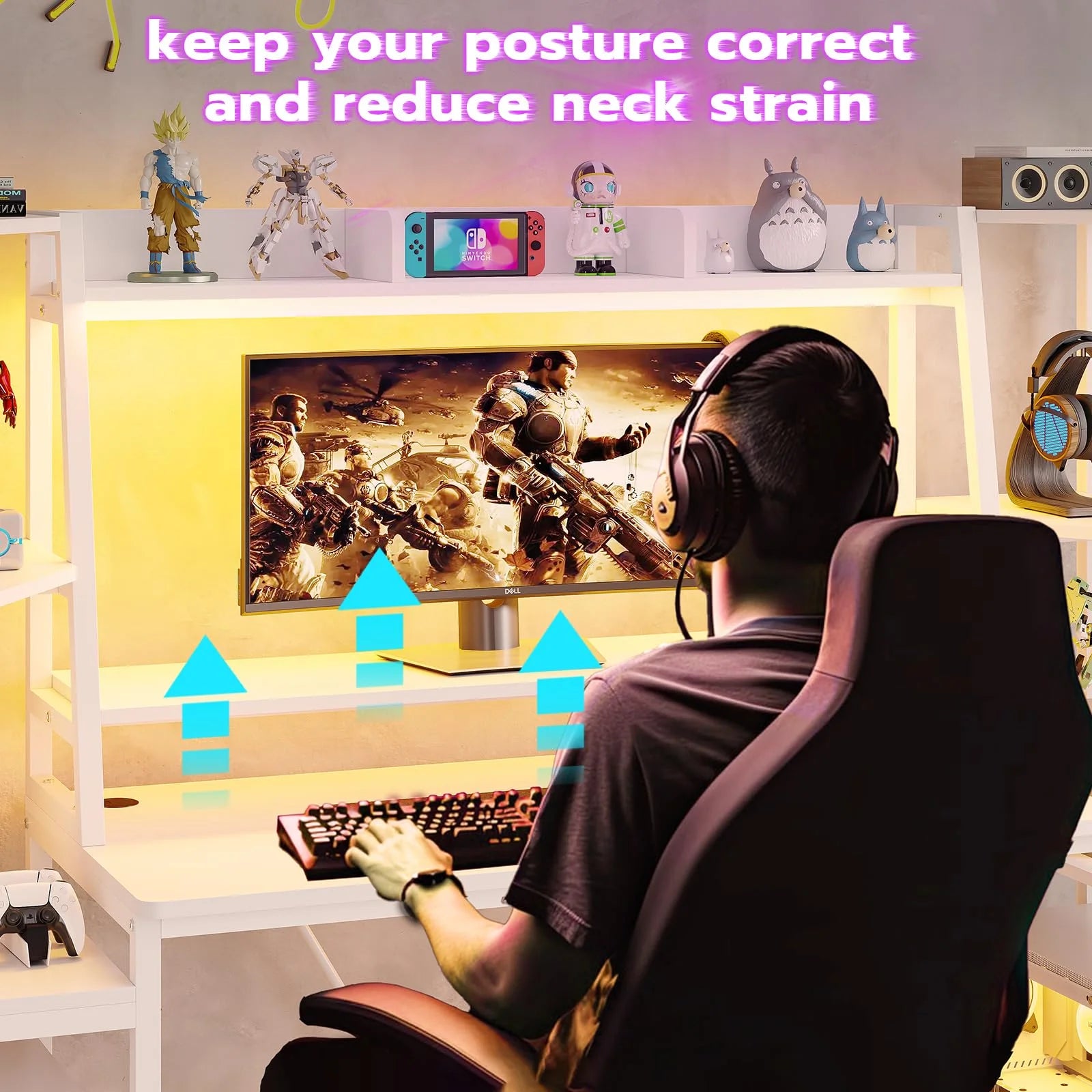 Gaming Desk with LED Lights, 65.7'' Computer Desk with Monitor Stand, White