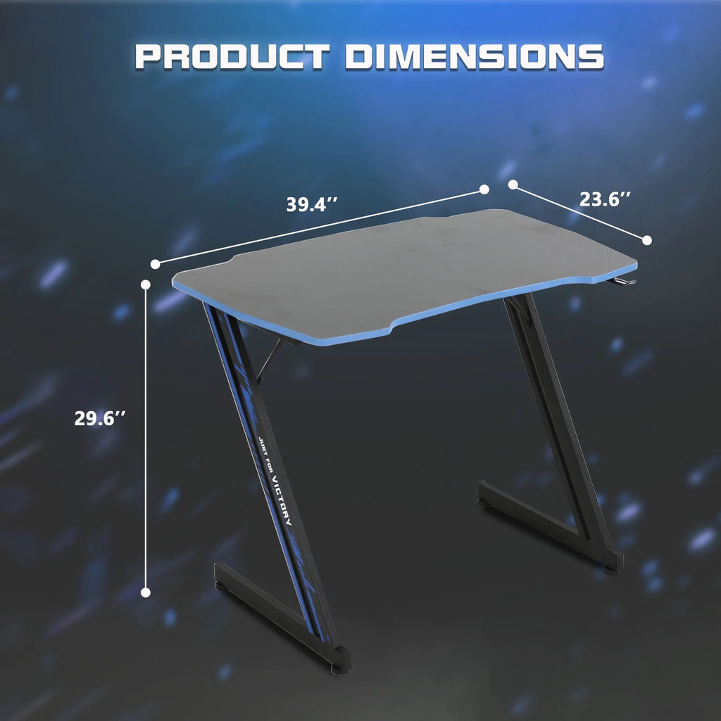 39 Inch Small Gaming Desk, Z Shaped PC Computer Desk Gaming Workstation with Headphone Hook, Ergonomic Gaming Table PC Desk for Game Players, Blue