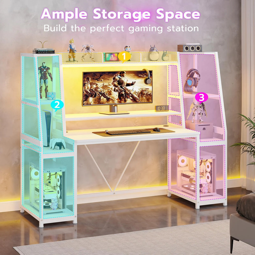 Gaming Desk with LED Lights, 65.7'' Computer Desk with Monitor Stand, White