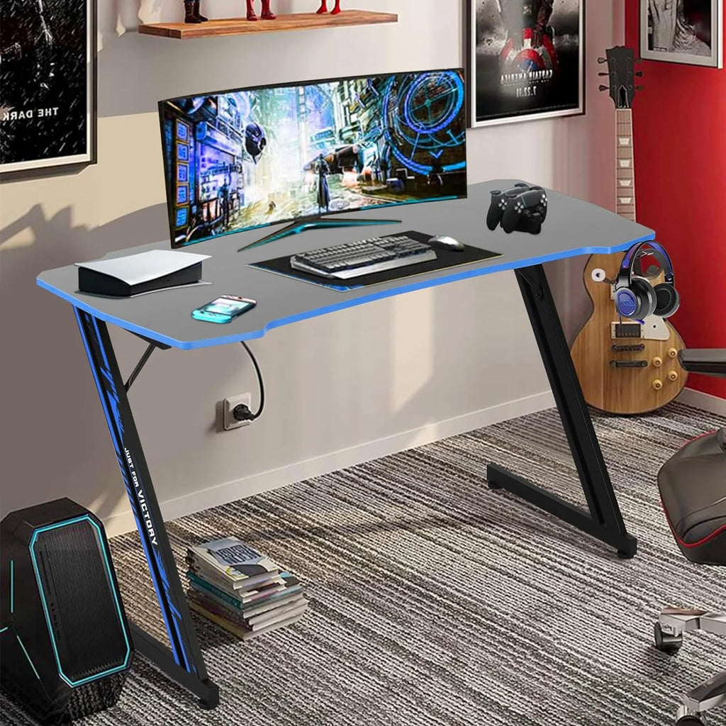 ncs 47 Inch Gaming Desk Z-Shaped Computer Home Office Desk with Headphone Hook, Blue