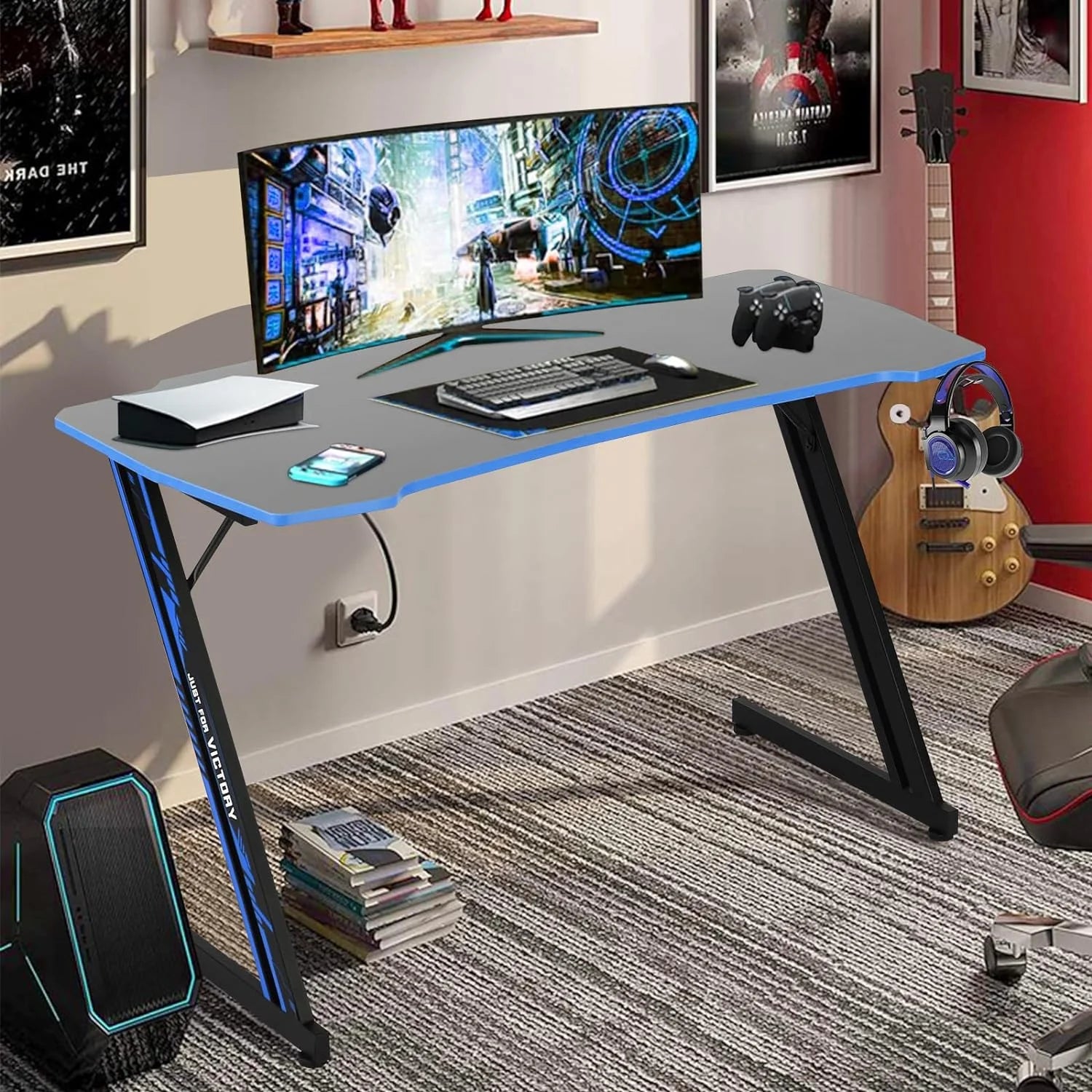 ncs 47 Inch Gaming Desk Z-Shaped Computer Home Office Desk with Headphone Hook, Blue